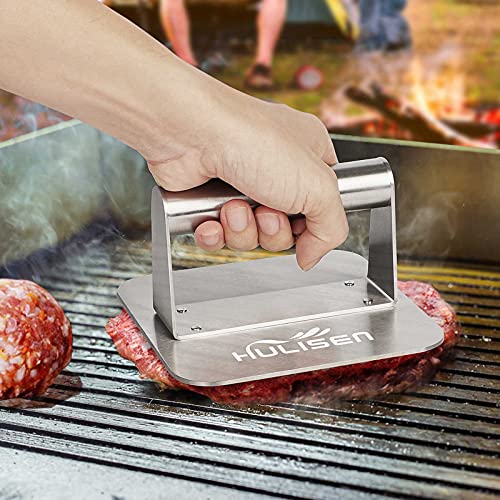 HULISEN Burger Press, Stainless Steel Hamburger Smasher, Non-Stick Smooth Square Bacon Grill Press - Professional Griddle Accessories Kit for Flat Top Griddle Cooking, Gift Package