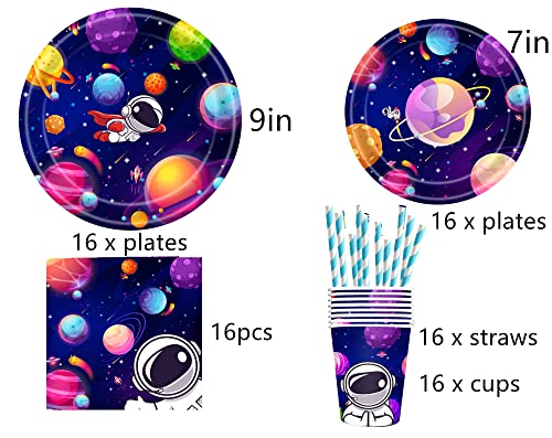 YimaiX Space Party Supplies, Space Party Disposable Tableware Paper Plates Napkins Straws for Space Astronaut Outer Galaxy Theme Birthday Party Decoration Serves 16 Guests