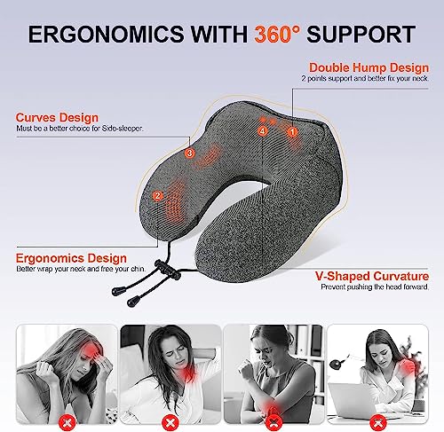 Epzia Memory Foam Travel Pillow with Hood, Adult Airplane Portable Neck Pillow for Head Rest Neck Support, Office Cars Trains Long Flights Travel Sleeping (Deep Grey)