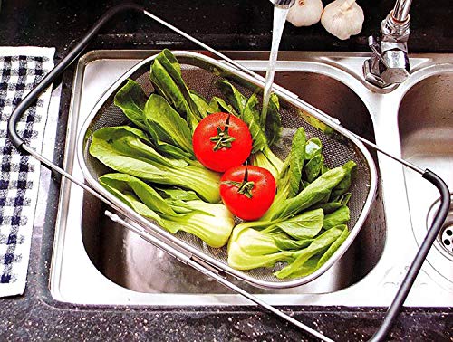 AJIODA Over The Sink Colander, 6 Quarts Stainless Steel Oval Colander with Expandable Rubber Grip Handle, Fine Mesh Strainer Baskets Kitchen Colander for Strain, Drain, Rinse Vegetables, Fruits, Black