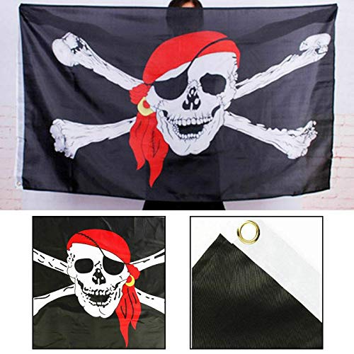 SHATCHI 5x3ft Flag Smiley Emoji/Jolly Roger Rum Spooky Halloween Christmas Treasure Hunt Kids Banner Table Cover Party Decorations, Red Scarf Skull