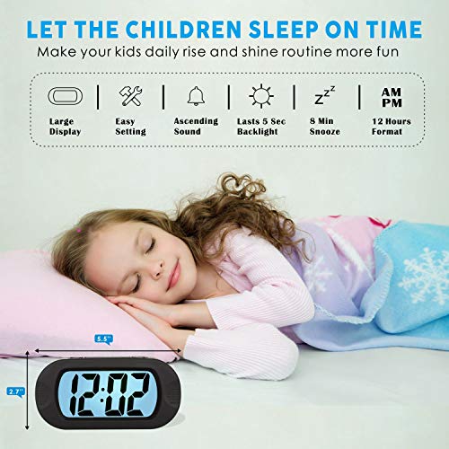 Easy to Set, Plumeet Large Digital LCD Travel Alarm Clock with Snooze Good Night Light, Ascending Sound Alarm & Handheld Sized, Best Kids (Black)