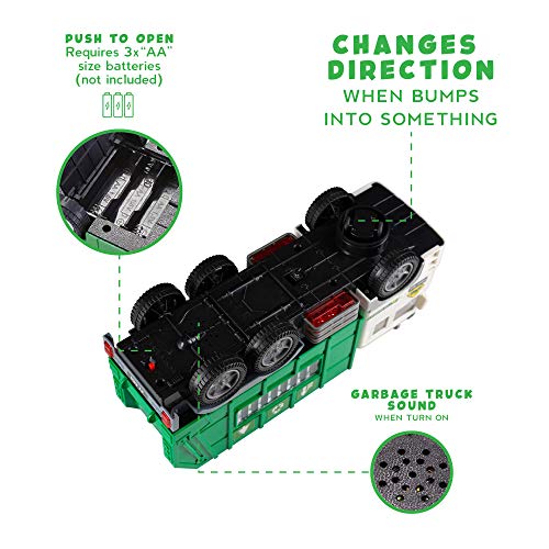 Zetz Brands Toy Garbage Truck for Kids with 4D Lights and Sounds - Battery Operated Automatic Bump & Go Car - Sanitation Truck Stickers