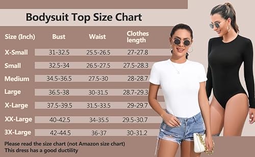 UNTYHOTS Women Long Sleeve Bodysuit Round Neck Basic Ribbed T Shirts(Short Sleeve White,Medium)