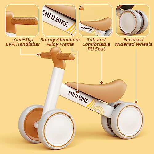 FAYDUDU Baby Balance Bike 2 Year Old Boy Girl 12-24 Months Toddler Bike Toys Infant Bike No Pedal 4 Wheels First Bike Kids Present Bike for 1 2 Year Old Toddler Walker Birthday Gift (Brown)