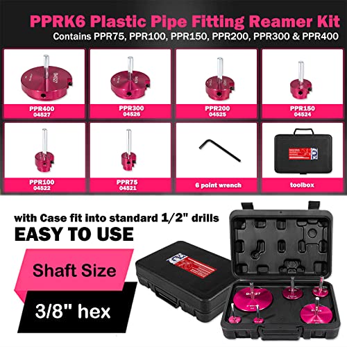 04529 for PPRK6 Plastic Pipe Fitting Reamer 6 Piece Kit fit into standard 1/2" drills PVC pipe reamer tool Contains PPR75, PPR100, PPR150, PPR200, PPR300 and PPR400