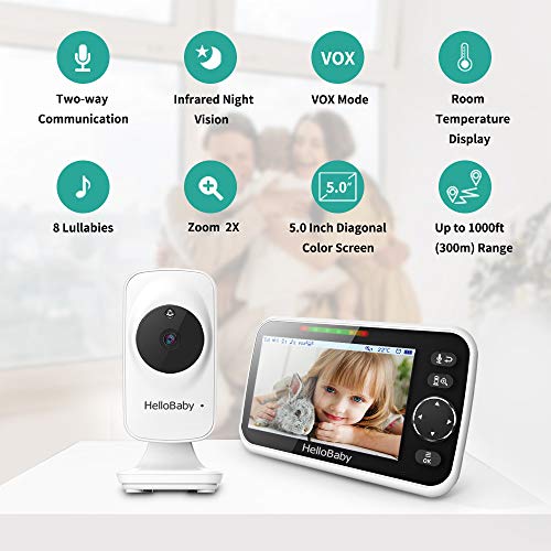 Baby Monitor,HelloBaby Remote Pan-Tilt-Zoom Baby Monitor with Camera and Audio,Night Version Temperature Sensor, 2 Way Audio,Clock Alarm,Digital Zoom,1000 FT (50)