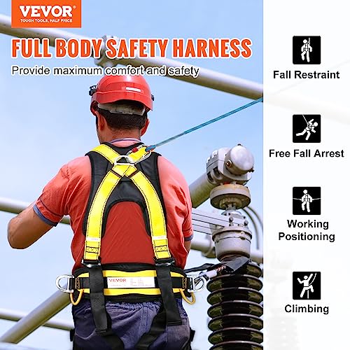 VEVOR Safety Harness, Universal Full Body Harness, Detachable Safety Harness Fall Protection with Added Padding on Shoulder, Back, Waist, Legs, and 5 D-Rings, ANSI/ASSE Z359.11, 340 lbs