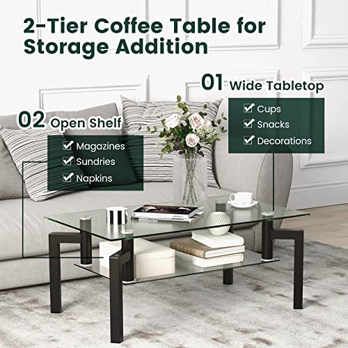 Giantex Rectangular Glass Coffee Table, 2-Tier Modern Accent Table & Tempered Glass Tabletop & Frosted Glass Shelf, Multifunctional Cocktail Table with Heavy-Duty Meal Legs for Living Room, Black