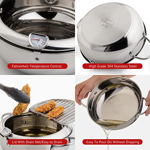 Deep Fryer Pot (°F) - Stylish Tempura Fryer - Small Japanese Style 114oz Stainless Steel Deep Frying Pot With Lid & Oil Drip Drainer Rack and Detachable Fahrenheit Temperature Control - Size: 9.8 Inches