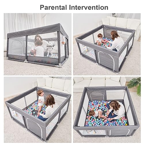 PandaEar Baby Playpen, Large Baby Playpen for Toddlers, Sturdy Baby Play Yards with Soft Breathable Mesh, Indoor & Outdoor Kids Activity for Infant Safety (127×127 cm) (Grey)