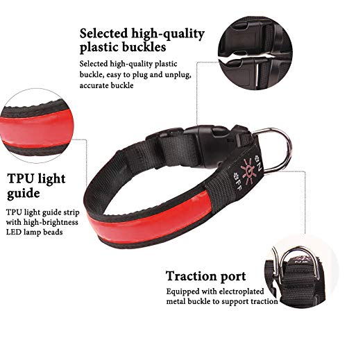 LED Dog Collar Light Up Dog Collar USB Rechargeable Waterproof,Night Dog Band with 3 Glowing Modes,Makes Your Dog Visible, Safe & Seen (Red, M)