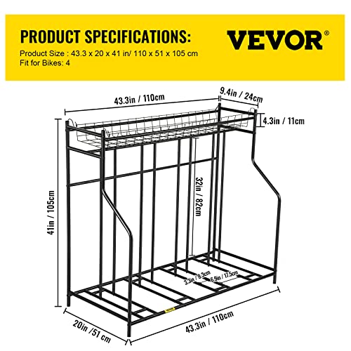 VEVOR Bike Stand Rack, 4 Bicycle Floor Bike Rack, Widths Adjustable Metal Bike Stand Storage w/Basket, Hooks, in/Outdoor Freestanding Bike and Sports Storage Station for Mountain, Hybrid, Kids Bikes