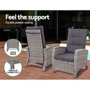 Gardeon Recliner Chairs 5 Piece Wicker Sun Lounger Reclining, Outdoor Lounge Setting Patio Furniture Bistro Set Garden, with Coffee Table Cushions Ottoman Adjustable Backrest Glass Tabletop Grey