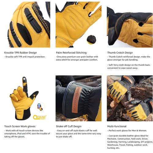 QearSafety 1 pair Cowhide Work Gloves, Gardening, Thorn Resistance ,Mechanic Work, Palm Padded, Knuckle TPR Anti-Impact Protect, Screen Touch Fingers, Multi-Purpose (Large)