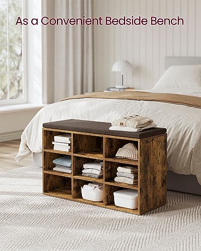 VASAGLE Shoe Bench with Cushion, Storage Bench with Padded Seat, Entryway Bench with 9 Compartments, Adjustable Shelves, for Bedroom, 11.9 x 30.9 x 18.9 Inches, Rustic Brown and Brown ULHS009B01