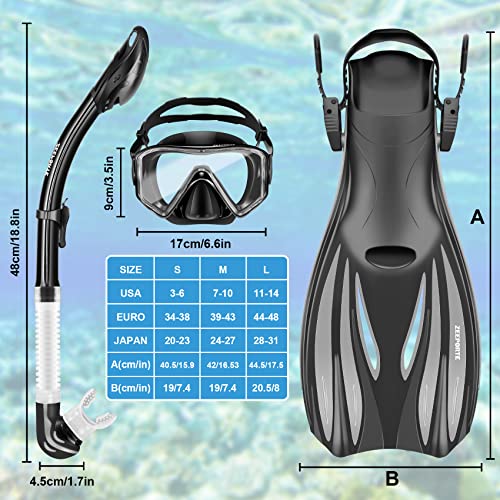 Zeeporte Dive Snorkeling Gear for Adults Kids - Mask Fins Snorkel Set with Panoramic View Snorkel Mask Anti-Fog Anti-Leak, Dry Top Snorkel, Dive Flippers and Gear Bag, Snorkeling Diving Safety Gear