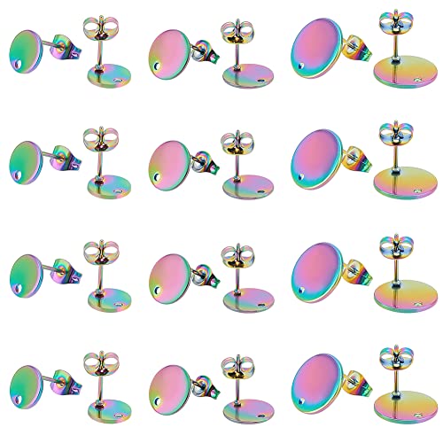 UNICRAFTALE About 24Pcs 3 Sizes 304 Stainless Steel Stud Earring Findings with Ear Nuts 0.8mm Pin Hypoallergenic Flat Round Earring Post with Hole Rainbow Earring Studs Components for Earring Making