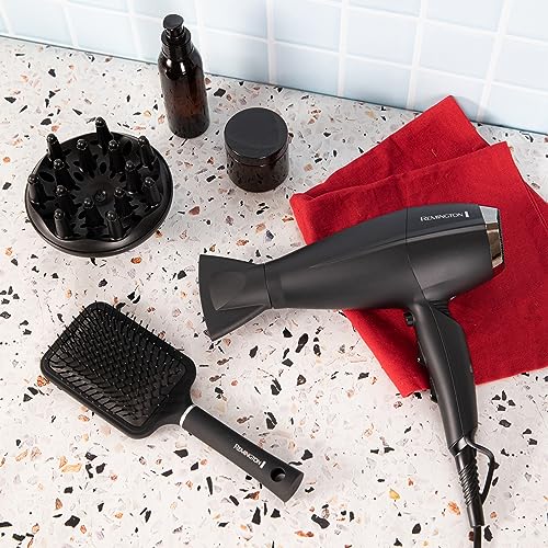Remington Salon Stylist Hair Dryer, AC4000AU, 2300W Salon Motor (AU Plug), Ceramic Infused with Keratin & Argan, Ionic Technology Prevents Frizz, Includes Diffuser & Brush, Black