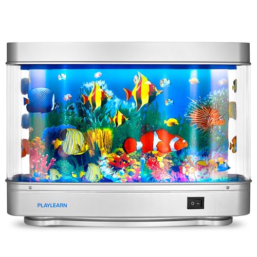 Playlearn USA Fake Fish Tank Mini Aquarium - Artificial Fish Tank with Moving Fish - Fake Aquarium Lamp - Perfect Sensory Lamp, Grey Base