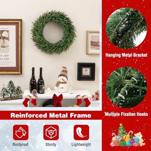 Costway 62CM Christmas Wreath, Holiday Garland with 140 Branch Tips, Simulated Sprouts & Rustproof Metal Frame, Wall Hanging Xmas Wreath, Christmas Decoration for Front Door, No Assembly