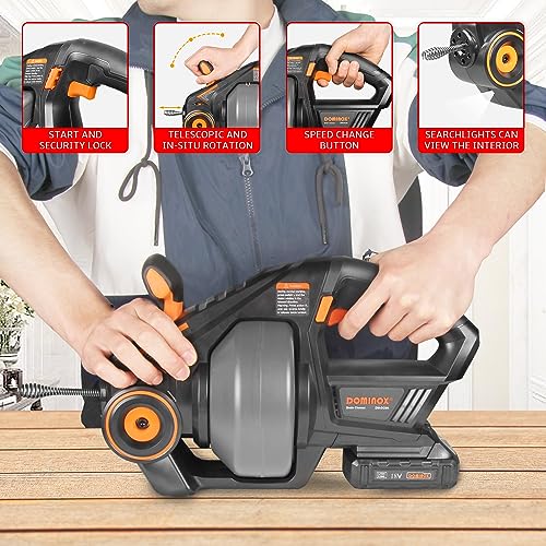 DOMINOX Electric Drain Snake with 2.0Ah Battery and 25FT Plumbing Snakes, Drain Snake Clog Remover for Unclogging Toilet, Sewer, Bathroom, Sink Drain Pipes