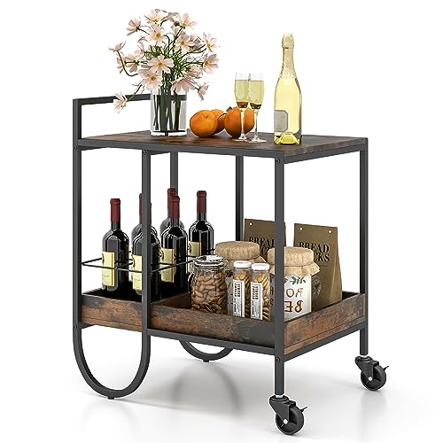 Giantex Bar Cart, Liquor Beverage Serving Cart with 6-Bottle Removable Metal Wire Wine Rack, Modern Kitchen Cocktail Cart with Wheels, 2 Tier Kitchen Rolling Bar Carts for Living Room, Rustic Brown