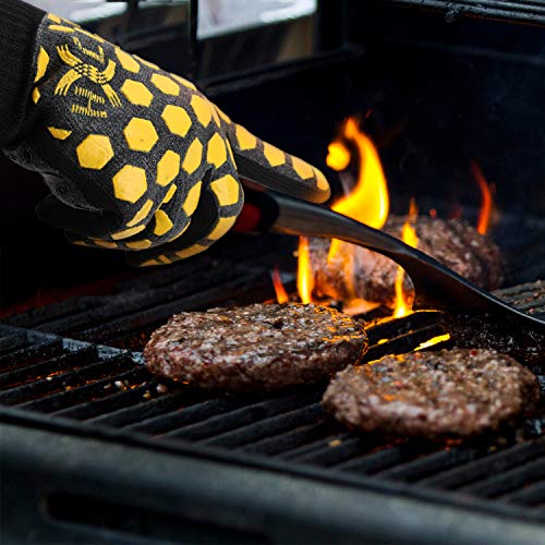 JH Heat Resistant BBQ Glove:EN407 Certified 932 °F, 2 Layers Silicone Coating, Black Shell with Black/Yellow Coating, BBQ & Oven Mitts For Cooking, Kitchen, Fireplace, Grilling, 1 Pair, Regular Cuff