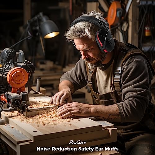 ProCase Noise Reduction Safety Ear Muffs, Hearing Protection Earmuffs, NRR 28dB Noise Sound Protection for Mowing Construction Manufacturing Woodwork Men Women Adult -Red