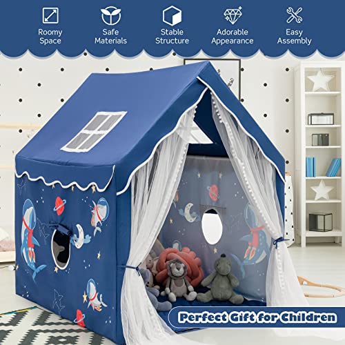 HONEY JOY Kids Playhouse with Padded Cotton Mat, Kids Play Tent for Girls Boys w/Longer Mesh Curtain, Solid Frame, Roll-Up Windows, Indoor and Outdoor Play Tent Castle Playhouse for Children (Blue)