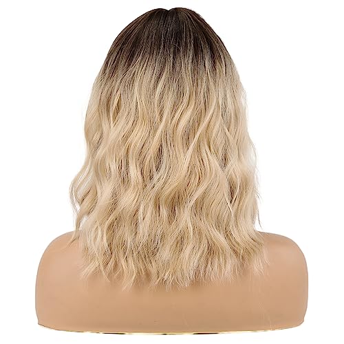 HAIRCUBE Shoulder Length Wig Curly Wavy Hair Wigs Blonde Colour and Dark Roots Wigs for Women with Fringe