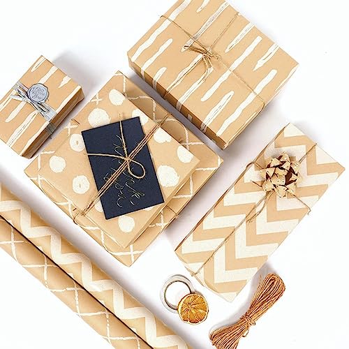 ZCOINS 4 Rolls of Kraft Wrapping Paper - 17" x 33 ft per Roll, Recyclable Gift DIY Wrapping Paper with Flax Strings and Tape for Kids Women Men Birthday Wedding Bridal Baby Showers Christmas Crafts Holidays