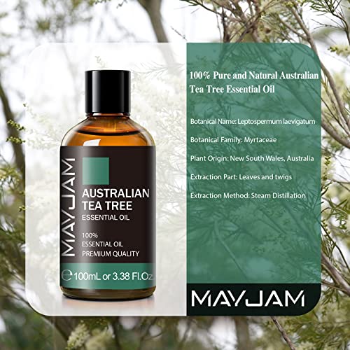 MAYJAM Australian Tea Tree Essential Oil, 100ML/3.38FL.OZ Premium Quality Australian Tea Tree Oil for Diffuser Massage, Pure Aromatherapy Essential Oils with Glass Dropper