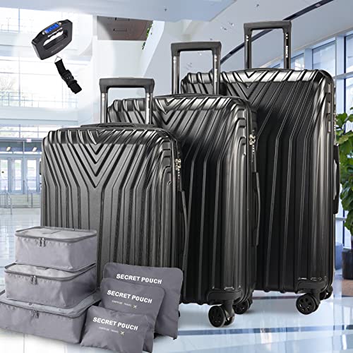 Bosnite Luggage & Travel Gear Suitcase Set - 3-Piece Hard Shell with Stylish Design Travel-Ready Luggage Set - Suitcases with Wheels, with Luggage Organizer and Scale (Black)