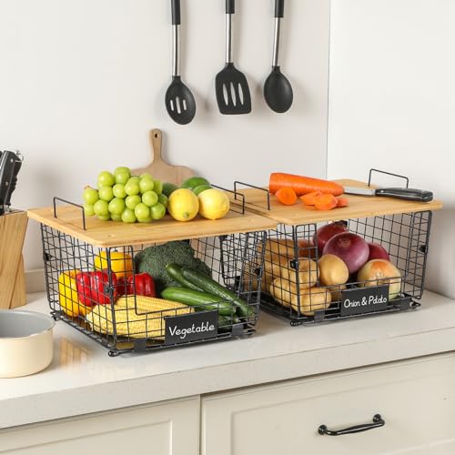 2 Set Kitchen Counter Basket with Bamboo Top - Pantry Cabinet Organization and Storage Wire Basket - Countertop Organizer for Produce, Fruit, Vegetable ( Onion, Potato ), Bread, K-Cup Coffee Pods