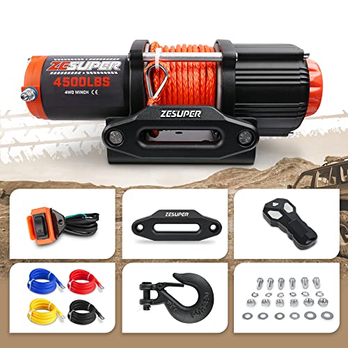ZESUPER 4500 lb Winch Waterproof IP67 Electric Winch with Wireless Remote Synthetic Winch Rope Hawse Fairlead Handheld Remote ATV UTV Winches 12V Portable Power Winch