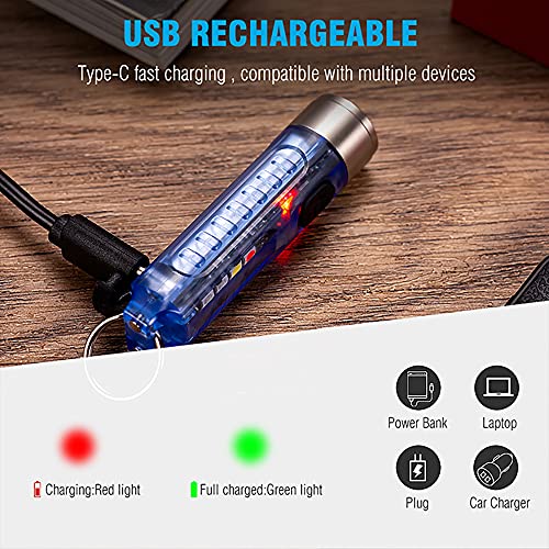 Mini Led Flashlight, Handheld Flashlight, 400 Lumens Outdoor Rechargeable High Bright Multi-Functional Keychain Flashlight, with UV Light and Warning Light, Water Resistant for Camping Hiking