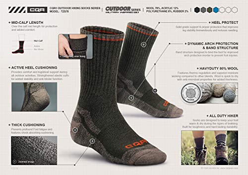 CQR Pack of 3 Men and Women Moisture Wicking Hiking Socks, Outdoor Sports Trekking Crew Socks, Mid Calf Cushioned Socks CQ-TZS78-CGB_L