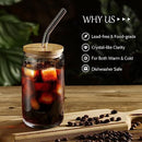 [ 6pcs Set ] Glass Cups with Bamboo Lids and Glass Straw - Beer Can Shaped Drinking Glasses, 16 oz Iced Coffee Glasses, Cute Tumbler Cup for Smoothie, Boba Tea, Whiskey, Water - 2 Cleaning Brushes