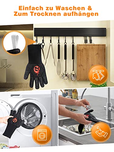 BBQ Gloves, 800℃ Upgraded Heat Resistant Oven Gloves with Fingers, Fireproof Gloves Heat Proof Oven Mitts with Non-Slip Silicone for Kitchen, Grilling, Baking, Microwave- Black