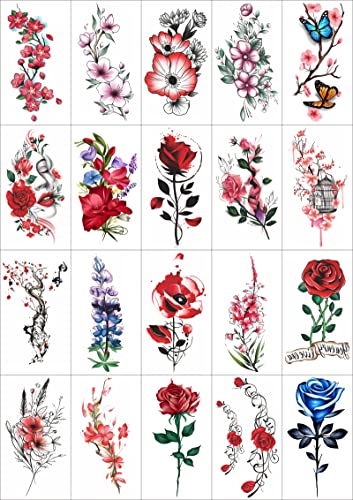 Womaha Flower Series 20 Sheets Color Temporary Tattoos for Women and Girls Fake Tattoo Stickers