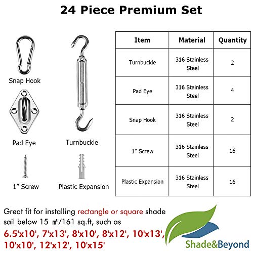 (for Rectangle and Square 13cm, Silver) - Shade & Beyond 316 Marine Grade Shade Sail Hardware Kit for Rectangle and Square Sun Shade Sail Installation, 24 Pcs Silver