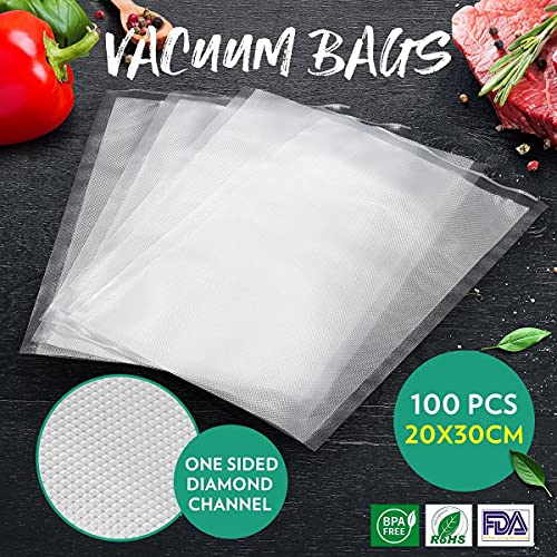 Vacuum Seal Bags 100PCS 20 x 30CM Embossed Pre-Cut Food Saving Bags for Vacuum Sealers