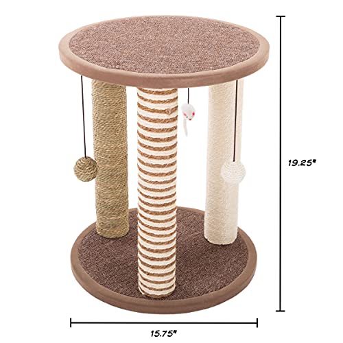 PETMAKER Cat Scratching Post - 3 Scratcher Posts with Carpeted Base Play Area and Perch - Furniture Scratching Deterrent for Indoor Cats by (Brown)