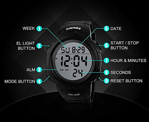 Cemavin Mens Digital Sports Watch, Waterproof LED Screen Large Face Military Watches and Heavy Duty Electronic Simple Army Watch with Alarm, Stopwatch, Luminous Night Light - Black