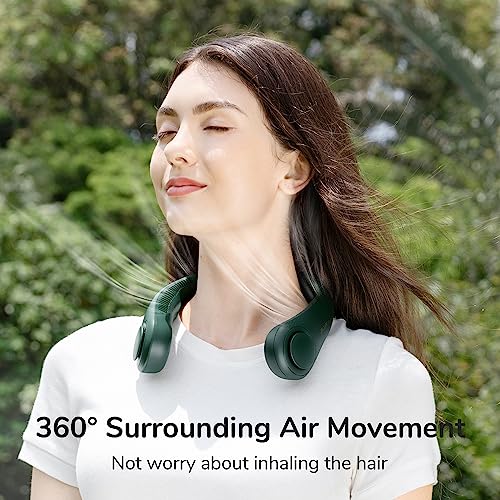 JISULIFE Portable Neck Fan, Rechargeable Hands Free Bladeless Fan, 4000 mAh Battery Operated Wearable Personal Fan, Leafless, Headphone Design, USB Powered Desk Fan, 78 air outlets, 3 Speeds-Green