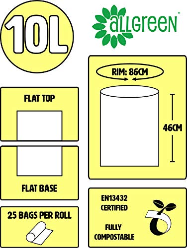 10 Litre x 100 All-Green Compostable Bags - Kitchen Caddy Liner - Food Waste Bin Liners - EN 13432-10L Bags with Composting Guide