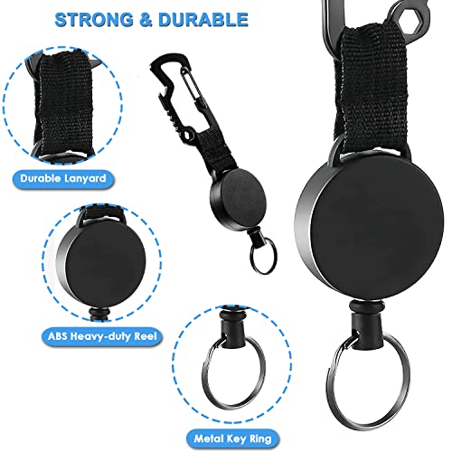 2 Pack Retractable Key Chain, Heavy Duty Carabiner Key Holder with Multitool Belt Clip, 23.5 inch Self Retracting Steel Wire Cord Key Chain, Round & Black