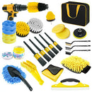 26PCS Car Detailing Cleaning Drill Brush Kit, Car Detailing Brush Set for Cleaning Wheels, Interior and Exterior Car Kit with Windshield Cleaning Tool (Wash Mitt, Wax Pads, Wash Towels, Bag), Yellow