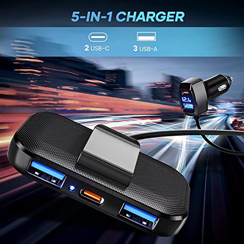 LENCENT 5 Multi Ports Type C Car Charger, 31W USB C Charger Adapter, Compatible for Phone, Voltage Detection, Multiple Cigarette Lighter Adapter with 1.5M Cable for Back Seat Charging